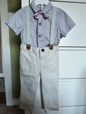Cat & Jack Mint Stripe Suspenders with Purple Plaid Bow Tie